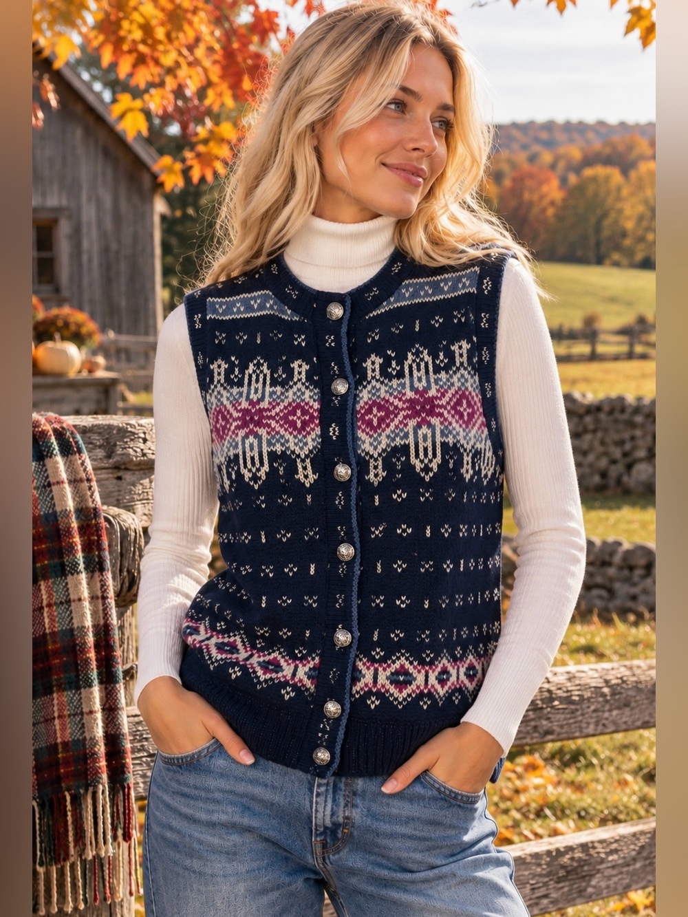 Vintage L.L. Bean Fair Isle Sweater Vest M Navy Nordic Metal Button Wool Preppy